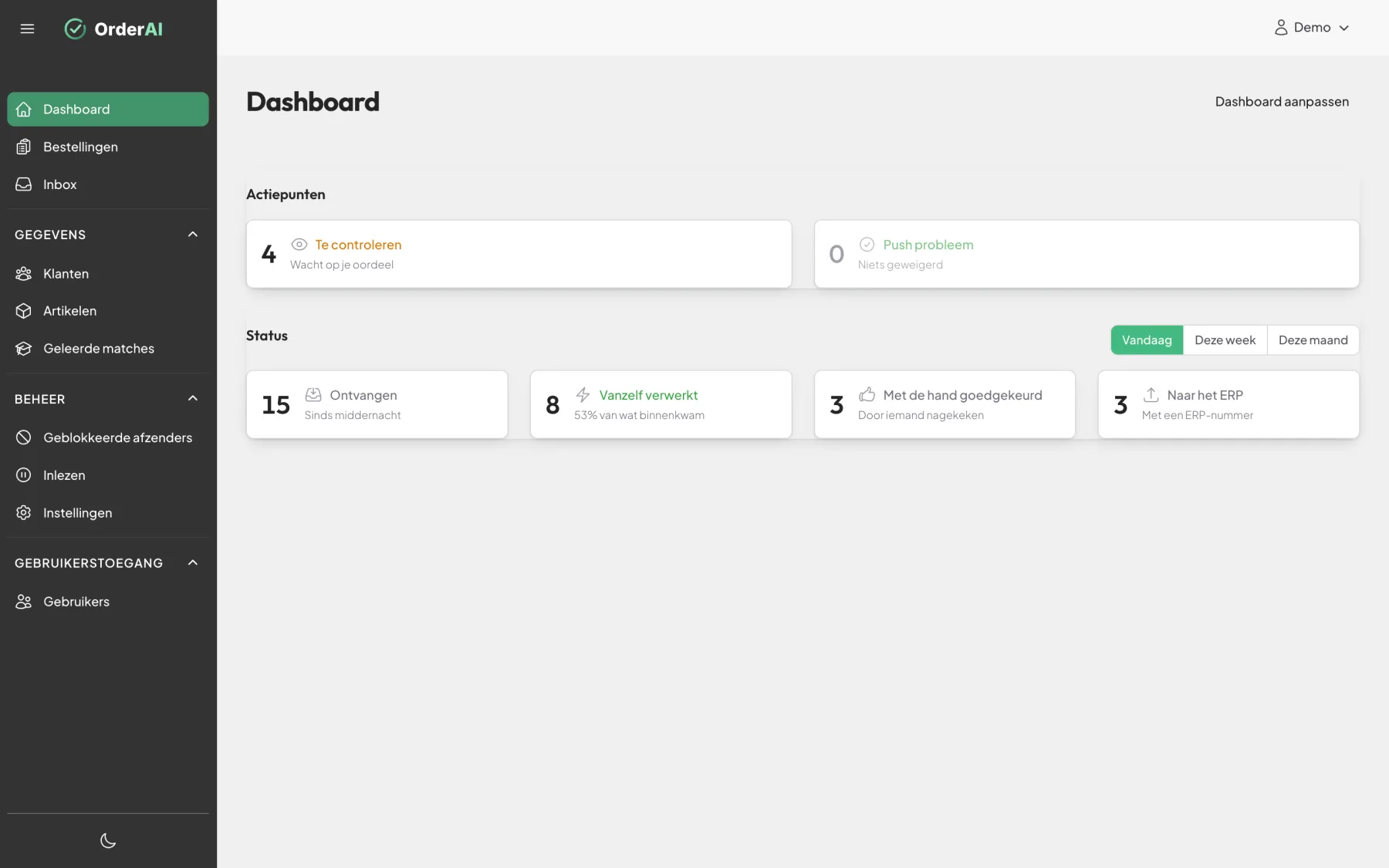 Dashboard van OrderAI